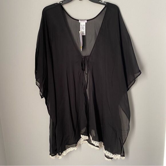 Jessica Simpson Women’s Kimono Sleeve Sheer Swim Cover Up Rob Black M - Picture 1 of 3